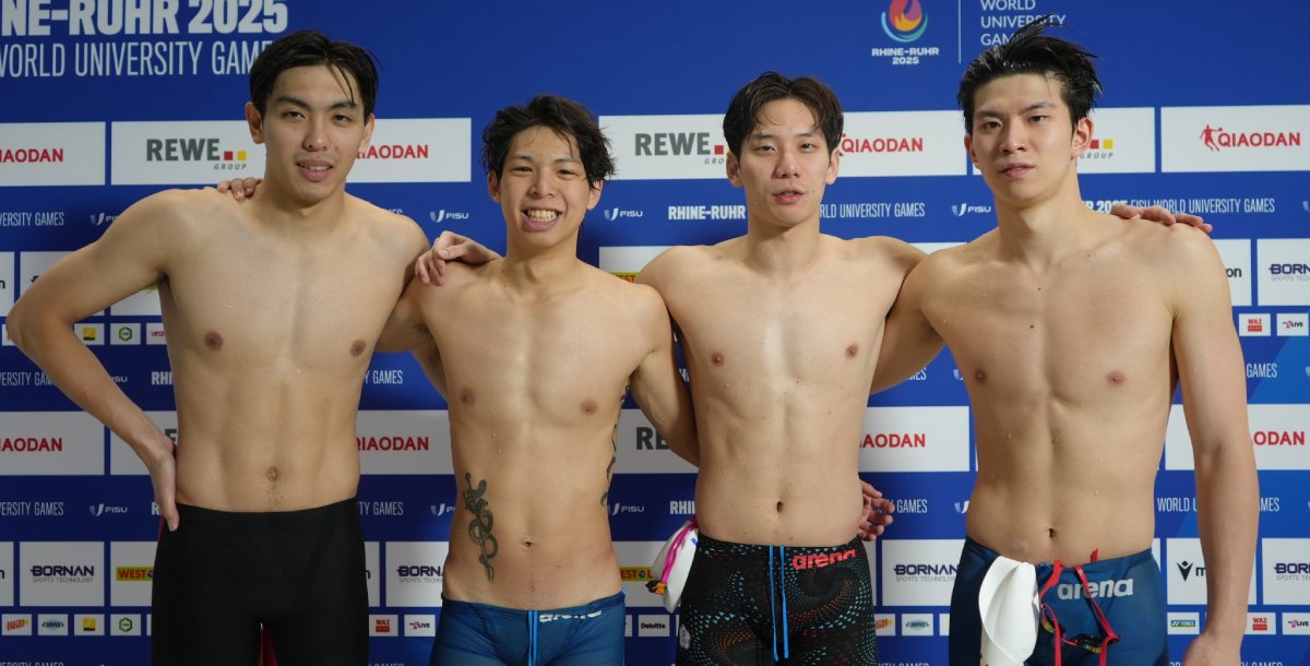 男子4x100公尺混合接力本屆由莊沐倫（左起）、劉景閎、王冠閎、范振惟組隊出擊。攝/大專體總