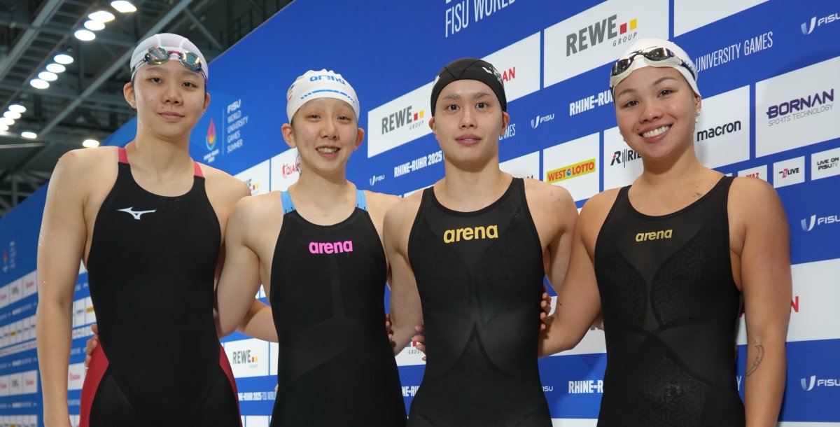 由廖祐菲（左起）、洪潔瑜、劉姵吟與韓安齊組成的4x100混接力是女隊睽違24年再闖決賽。攝/大專體總